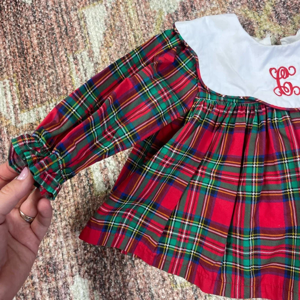 Cecil & Lou Plaid Christmas Dress with White Collar Monogram “C” Baby Size 12M